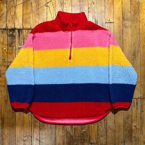Old Navy Sweater Womens Large Multi Stripe Cozy Sherpa Long Sleeve Quarter-Zip